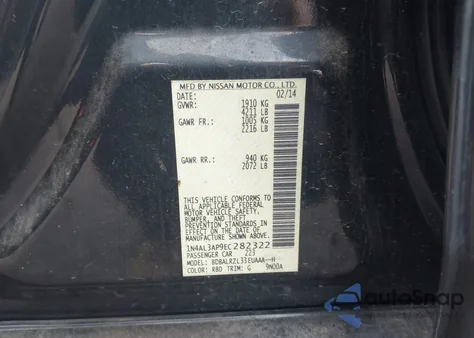 2014 Nissan Altima 2.5 S z USA, uszkodzony, nr VIN 1N4AL3AP9EC282322